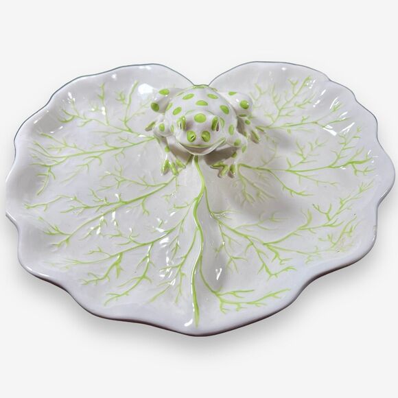 Italian Ceramic Frog Lily Pad Plate Green White Hand painted - Picture 1 of 12